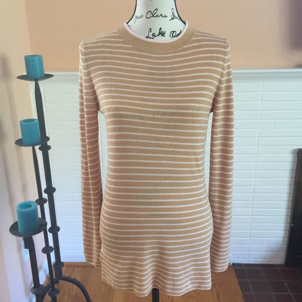 Lou & Grey Stripe Pullover Knit Top Long Sleeve Beige & Light Pink Large